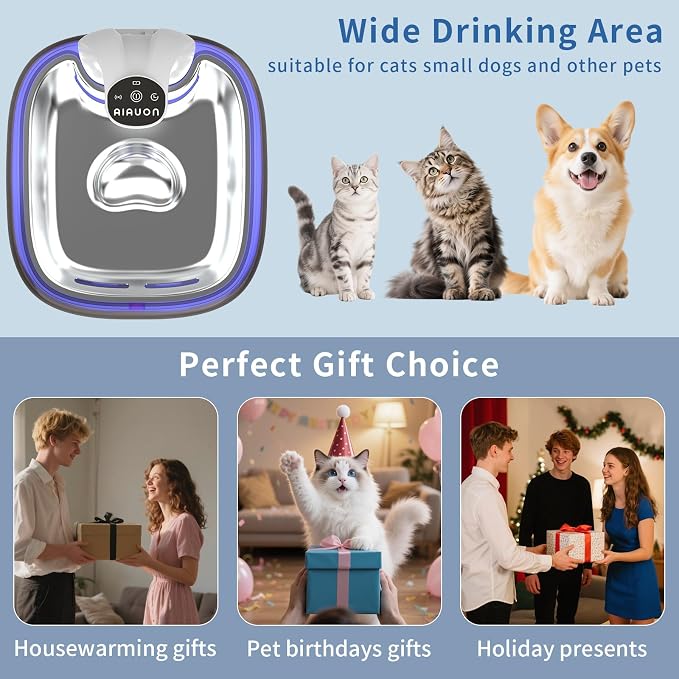Cat Water Fountain Cordless 118oz/3.5L Wireless & Battery Operated Pet Water Fountain for Indoor Cats, Stainless Steel Tray with Sensor & Timer Modes, Ultra-Quiet, BPA-Free (Cat Fountain+8Filters) - Image 8