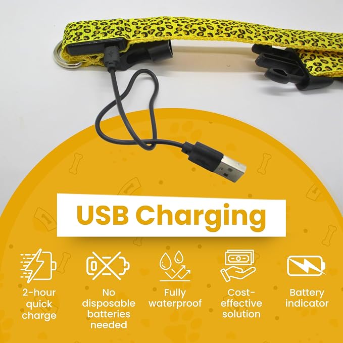 Leopard Dog Collar - Glow in the Dark USB Collar with Rechargeable Battery + Waterproof Design - Light Up Dog Collar - Yellow (Medium Size) - Image 3