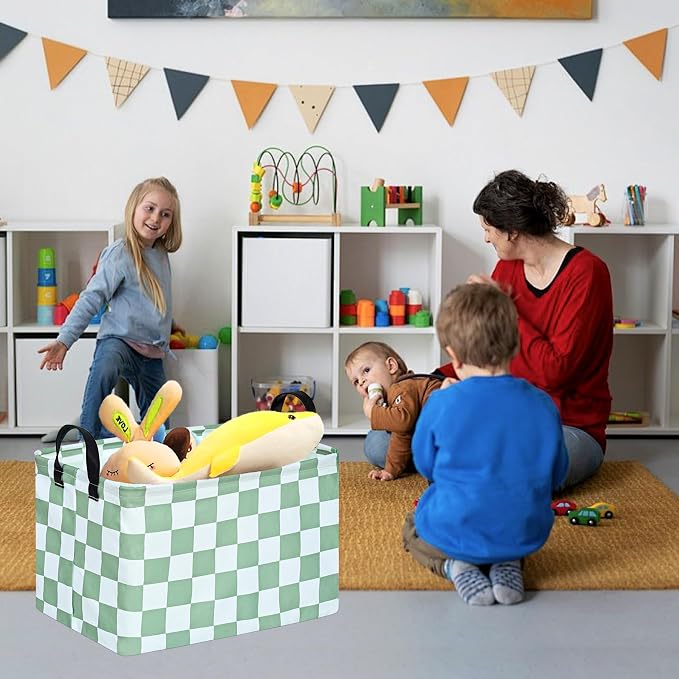 MAIZMZ Sage Checkered Storage Basket Baby Toys Organizer Bins Decorative Gifts Bakset Waterproof Nursery Hamper Women Storage Cube Kids Laundry Basket for Home/Dorm/Kitchen/Pet/Office/Closet/Shelf/ - Image 3