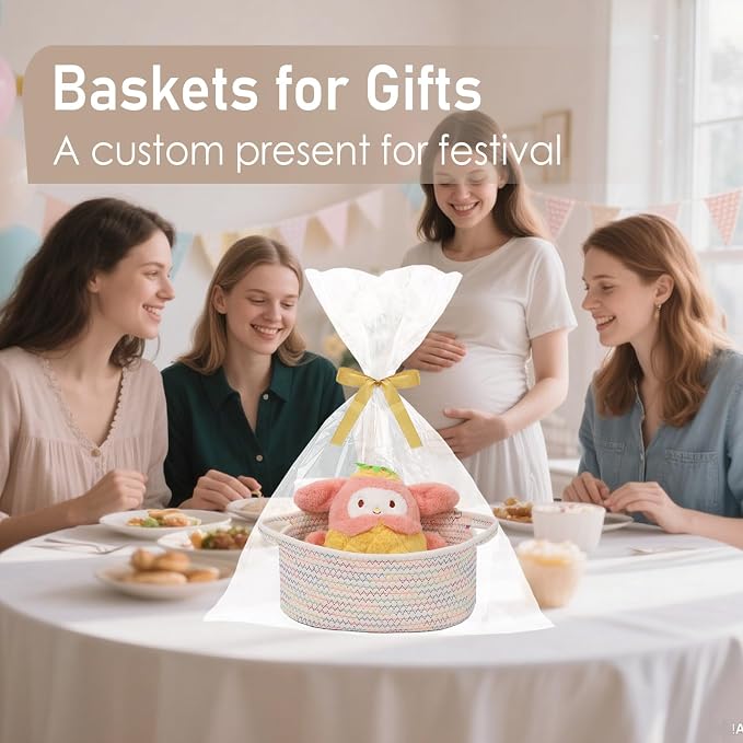 JMvicyroam Small Woven Basket, Empty Gift Basket, Colorful/1 Pack | Small Gift Basket, Cotton Rope, 12 x 8 x 48 in, Handles, Includes Ribbon and Bag, Birthday Gift Basket - Image 4