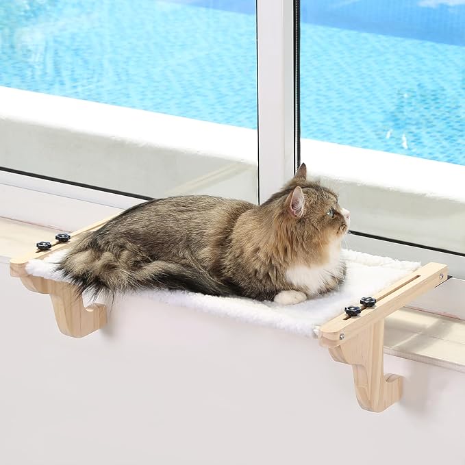 Zakkart Easy Seat Cat Perch for Window Sill - Hammock Design w/Pine Wood & Robust Metal Frame - Cat Window Seat for Large Cats and Kittens (Natural Color Wood w/White Bed, Medium (23''W x 14''D)) by Zakkart