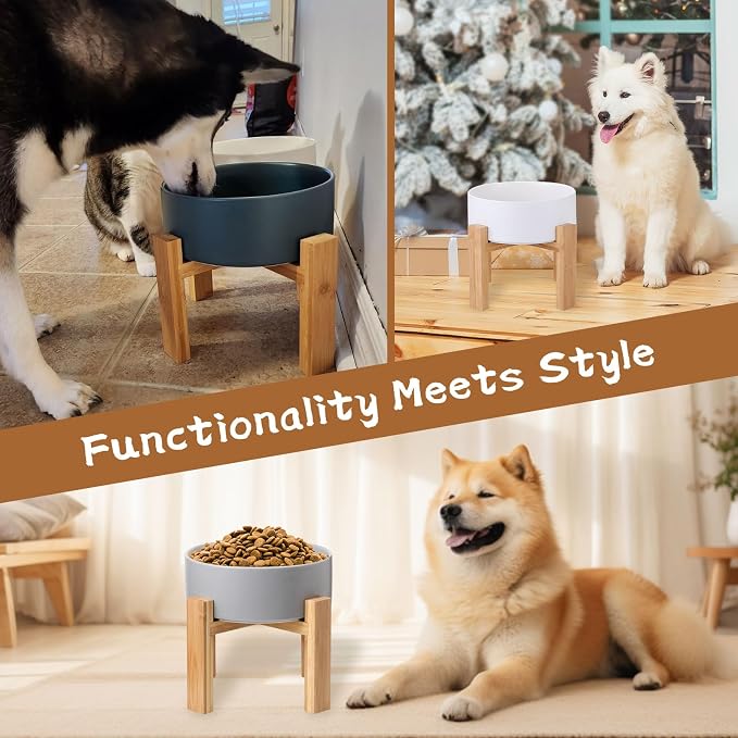 Raised Ceramic Large Dog Bowl - Heavy Weighted Dog Dish with Bamboo Stand - Elevated for Comfortable Feeding - 8.3" W x 8" H - 4.5 Cups (68 fl oz) - White - Image 7