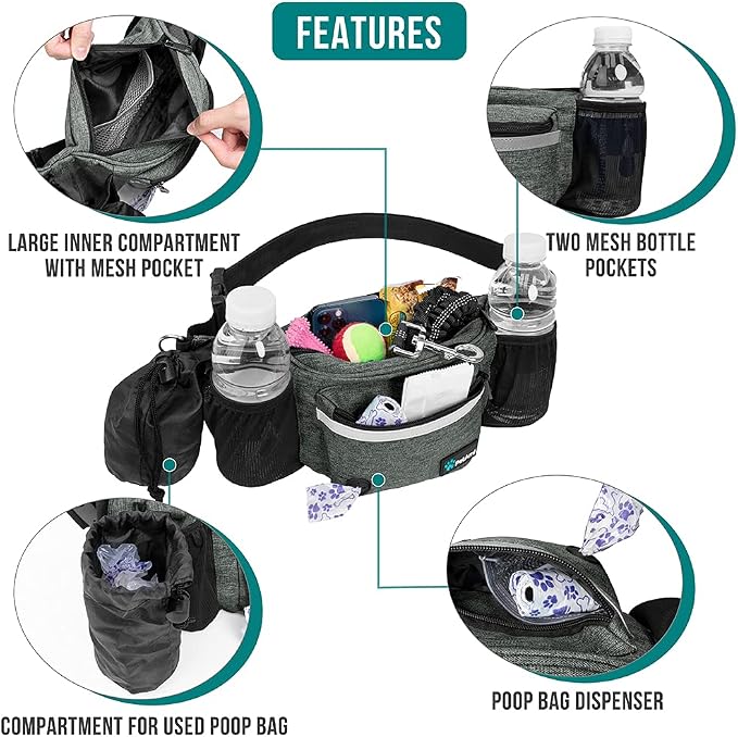 PetAmi Dog Fanny Pack, Treat Pouch for Dog Walking Training, Dark Gray | Built in Poop Bag Dispenser, Water Bottle Holder, Collapsible Bowl, Pet Treat Waist Belt for Hiking Running Kibbles - Image 3