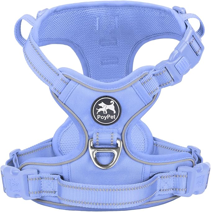 PoyPet No Pull Dog Harness, Reflective Vest with 2 Leash Clips & Handle | Lockable Neck Release Buckle, No Choke, Adjustable, Soft Padded, for Walking Training, Light Blue Matching Trim, Large by PoyPet