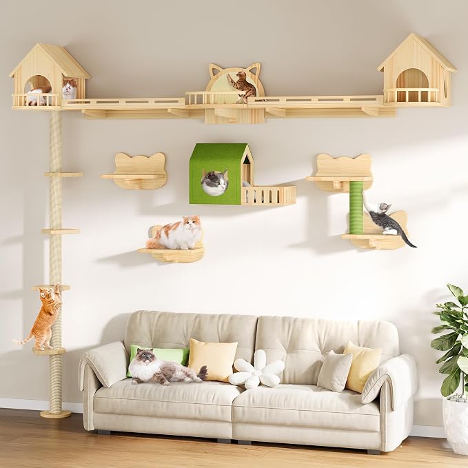DWVO Solid Wood Cat Wall Shelves and Perches | Wall Mounted Cats Furniture Climbing Shelves for Large Cats with Scratching Posts, Steps, Runway, Scratching Board by DWVO