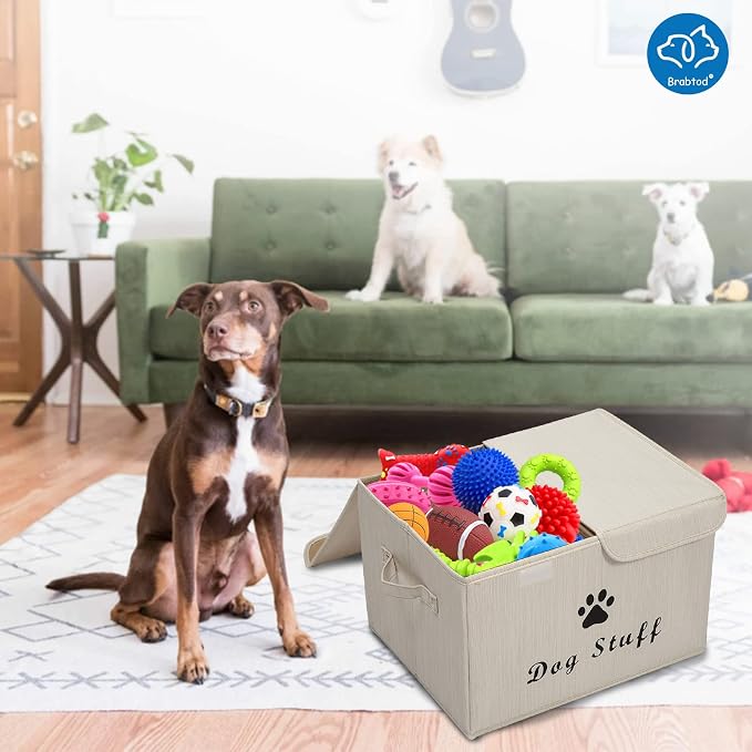 Large Dog Toys Storage Box Canvas Storage Basket Bin Organizer with Lid - Collapsible Linen Bin Ideal for Organizing Dog Cat Toys and pet Stuff-PP Boad-17" x 12" x 10" - Slub Beige - Image 6