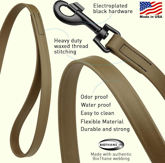 Dogline Biothane Waterproof Dog Leash Strong Coated Nylon Webbing with Black Hardware Odor-Proof Easy to Clean High Performance for Small or Large Dogs Made in USA 4 or 6 ft Lead, Coyote Brown - Image 2