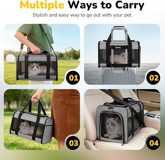 Hipubby Cat Carrier Dog Carrier for Pets Up to 16 Lbs, Soft-Sided Pet Travel Carrier for Cats and Small Dogs, Airline Approved Pet Carrying Case with Shoulder Strap & Removable Mat - Grey - Image 7