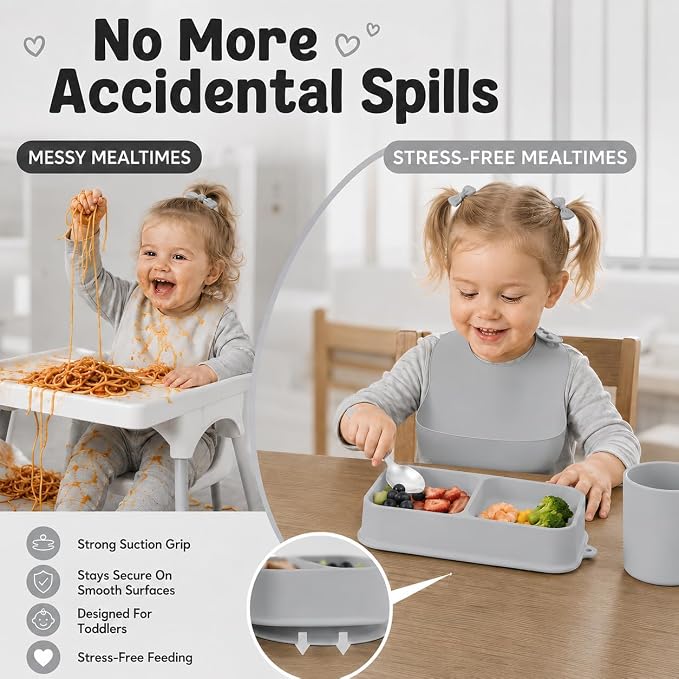 Travel Silicone Baby Feeding Set with 316 Stainless Steel Spoon & Fork ,Silicone Suction Plates, Foldable Bib, Storage Bag - Portable Infant Toddler Utensils, 6-Piece BPA-Free Dishware Kit（gray） - Image 2