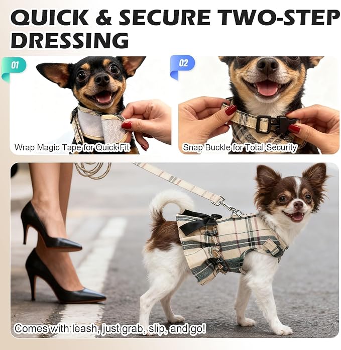 EXPAWLORER Dog Harness Small Medium Sized Dogs, No Choke No Pull Mesh Vest | Plaid Dog Dress Bowknot Harness and Leash Set Soft Cute Princess Puppy Outfits Clothes Costume for Girls Party Cats Beige XS - Image 7