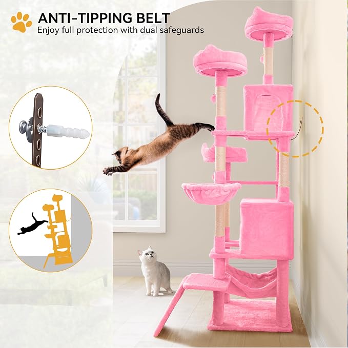 YITAHOME 75-Inch Tall Cat Tree Indoor | Multi-Level Cat Tower with Condos, Top Perches, Sisal Ramp, Scratching Posts & Cozy Basket Hammocks Pink - Image 4