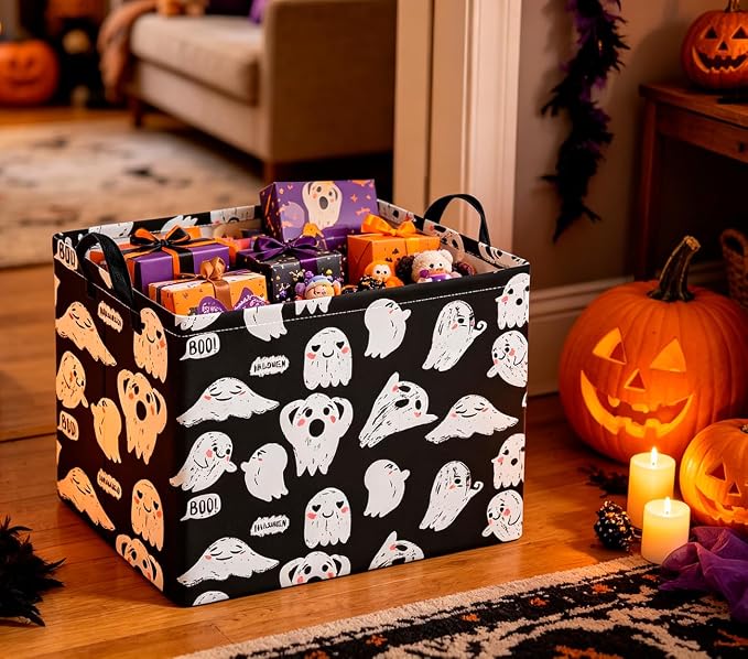CLOCOR Rectangular Storage Basket Empty,Gift Basket,Waterproof Storage Bin with Handles,Room Decor(Black Ghost Halloween) - Image 5
