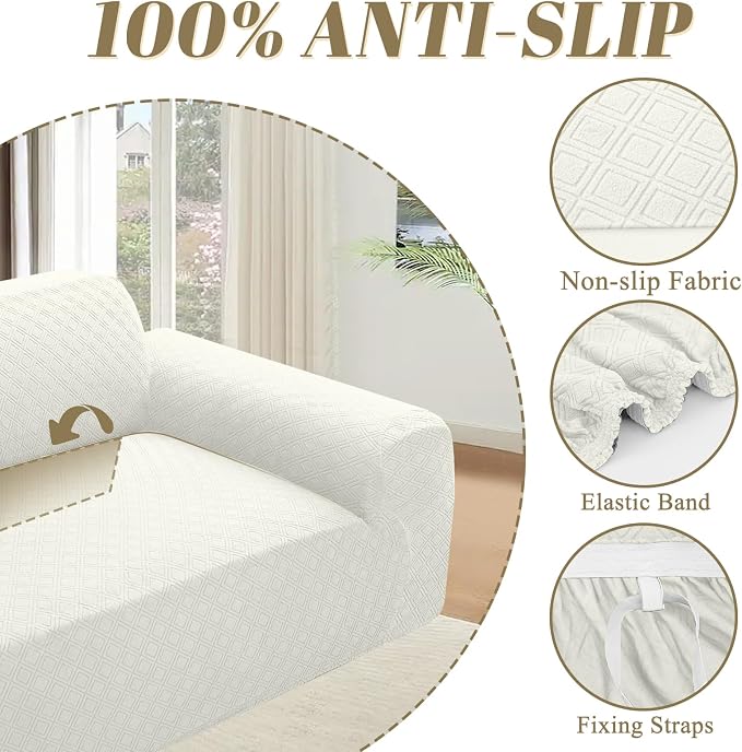 ALIECOM Corner Sectional Couch Covers Washable Sofa Cover L Shaped Couch Cover for Dogs Pets Stretch Soft Sectional Slipcovers with Non Slip Strips U Shape Furniture Protector (Cream White, Large) - Image 6