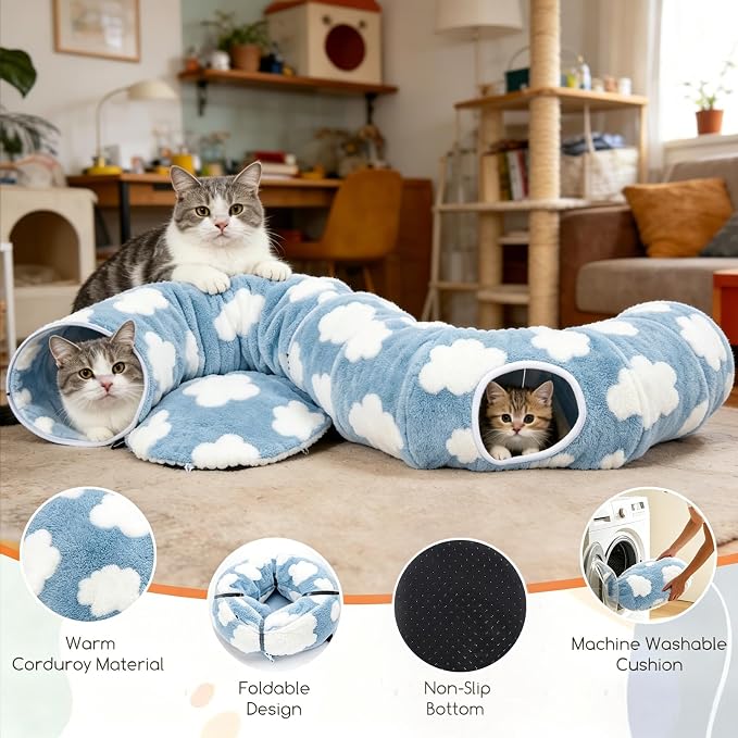 Cat Tunnel Bed with Toys – Large Collapsible Play Tube (Blue) | Soft Tube for Indoor Kittens & Adult Cats – Perfect for Hide & Seek, Pouncing, and Cozy Napping, Space-Saving & Foldable - Image 3