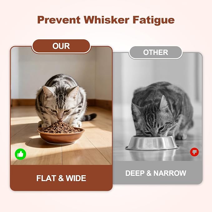 SPUNKYJUNKY Shallow Elevated Cat Bowl with Acacia Wood Stand Wide Raised Ceramic Cat Dishes Whisker Friendly Pet Food and Water Plates (Striped Pattern, Brown) - Image 4