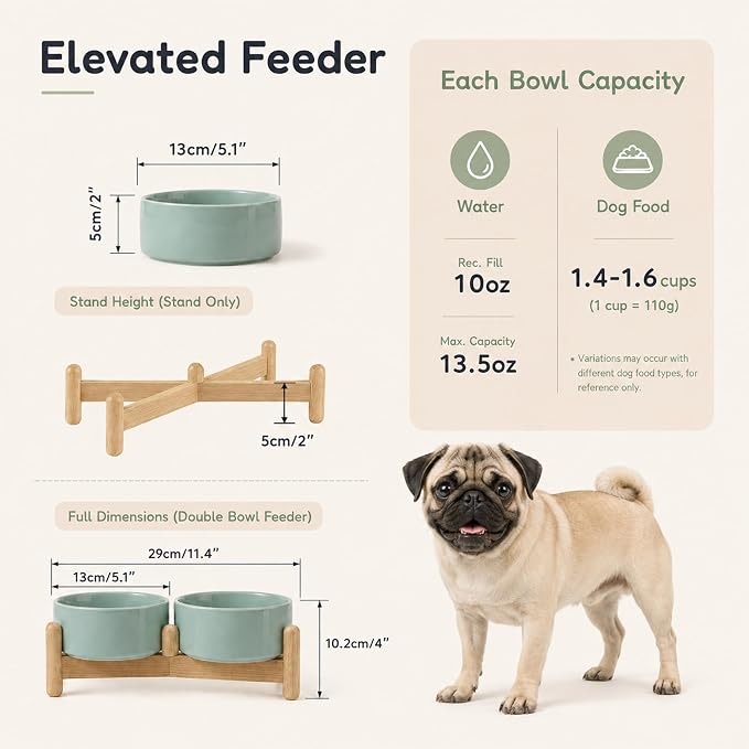 Havniva Ceramic Dog Bowls Elevated, Raised Dog Food Bowl for Puppies | 5.1” Elevated Dog Bowls, Non-Slip Wood Stand, Dog Food and Water Bowl Set, Dog Feeding Dish, Large Capacity Pet Water Bowl - Image 2