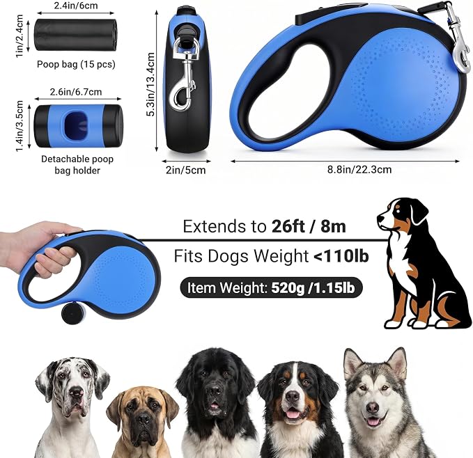 Segarty 26 Ft Retractable Lead for Dogs Weighing 66 lbs - 110 lbs, 8m Heavy-Duty Dog Leash with Poop Bag Holder, Extra Long Lead with Anti-Slip Handle One-Handed Brake Pause Lock for Medium Large Pet - Image 2