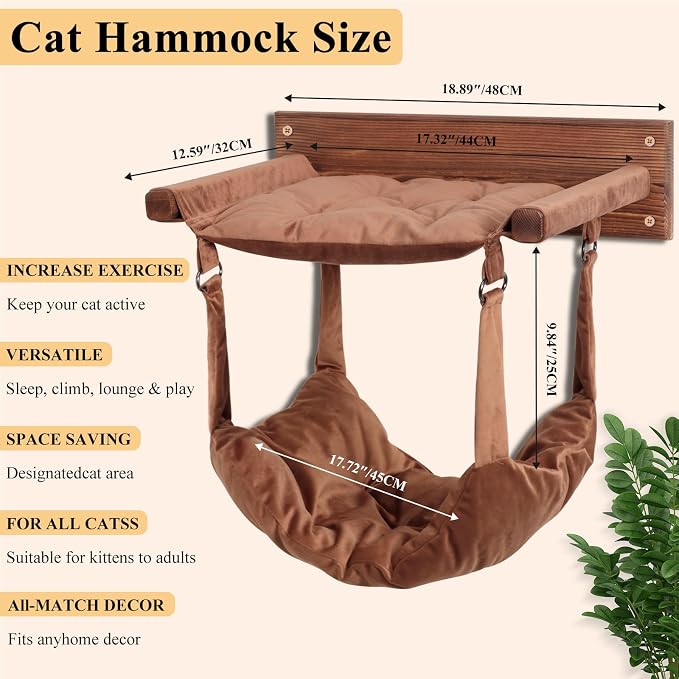 JSPYFITS Wooden Cat Furniture Wall Mounted, Double Layer Hammock, Large Size 18.9″ Removable Multi-Function Cat Bed for Sleep/Play/Climb, Kitten Window Perch, Easy DIY Installation(Brown) - Image 5