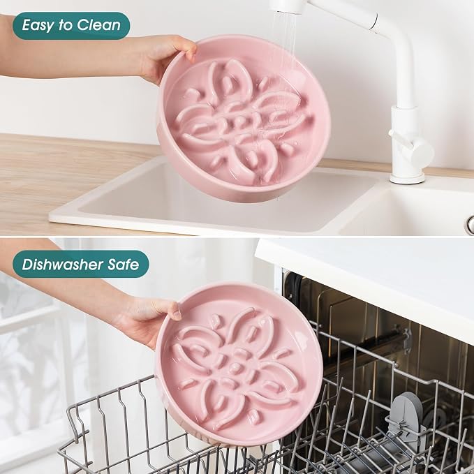 vancasso Ceramic Slow Feeder Dog Bowls, Puzzle Dog Food Bowls with Floral Maze, Anti -Slip Pet Food Dish for Large Breed, 3 Cups, Pink - Image 5