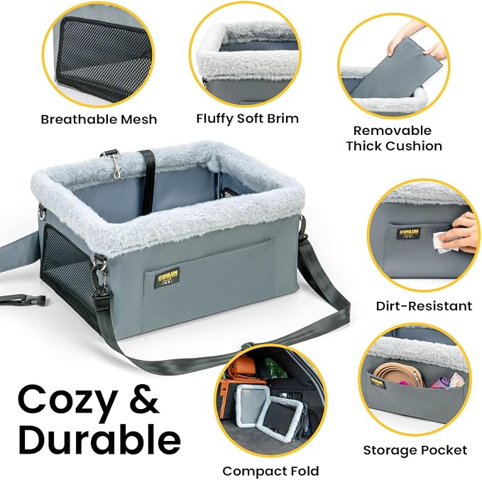 Conlun Elevated Pet Car Seat with Cooling Mat, Travel Booster for Small Dog | Heavy-duty Oxford | Rigid Skeleton Stops Wobbling | Leash Prevents Escapes | Dog Car Seat for Calm Car Trips - Image 5