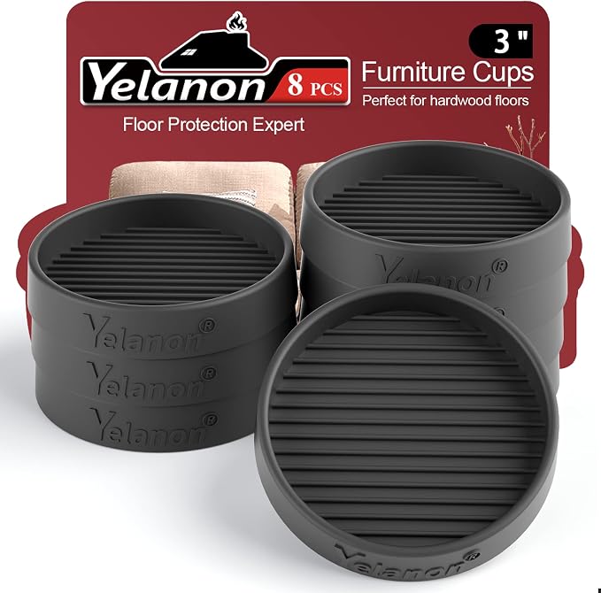Yelanon Furniture Coasters - 8 Pcs 3”Round Furniture Caster Cups - Non Slip Pads Hardwood Floors Non Skid Grippers Rubber Furniture Feet - Anti Slide Floor Protector for Bed Couch Stoppers Black by Yelanon