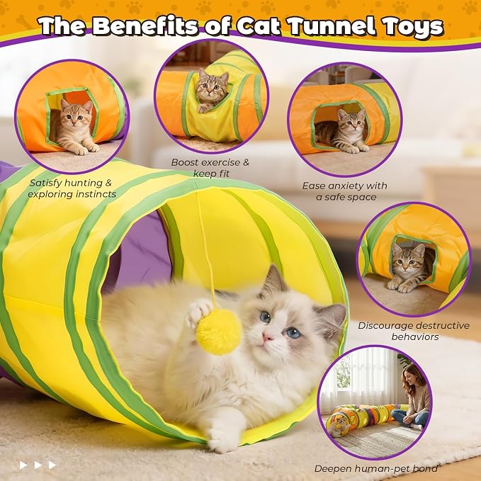 Cat Tunnel for Indoor Cats Large, Collapsible Cat Playhouse Pet Play Tunnel Tube Maze with Hanging Pom-Poms and Interactive Holes for Kitten, Kitty, Puppy, Rabbits, Ferret, Guinea Pig - Image 4