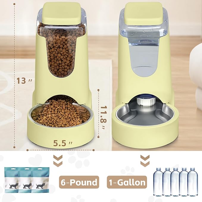 HWONMTE Portable Automatic Cat Feeder and Water Dispenser with Stainless Steel Bowl Dog Gravity Food Feeder and Waterer for Small Medium Pets Puppy Kitten 1 Gallon x 2 (Cream Yellow) - Image 2