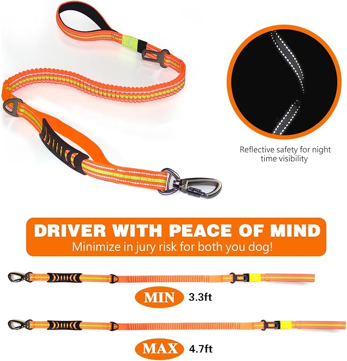 Heavy Duty Bungee Dog Leash with Locking Carabiner for Large Dogs | No Pull Bungee Shock Absorbing, 2 Padded Handles for control, Fits 60-150 lbs Dogs, Seatbelt Buckle, Reflective - Image 5