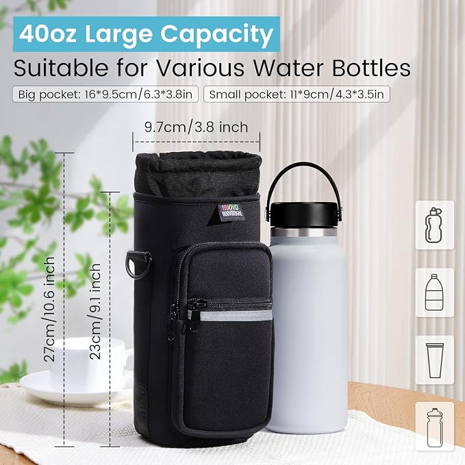 Nuovoware Water Bottle Carrier Bag, 40oz Bottle Pouch Holder, Adjustable Shoulder Hand Strap 2 Pocket Sling Neoprene Sleeve Sports Accessories for Hiking Travelling Camping, BlackCarbon - Image 2