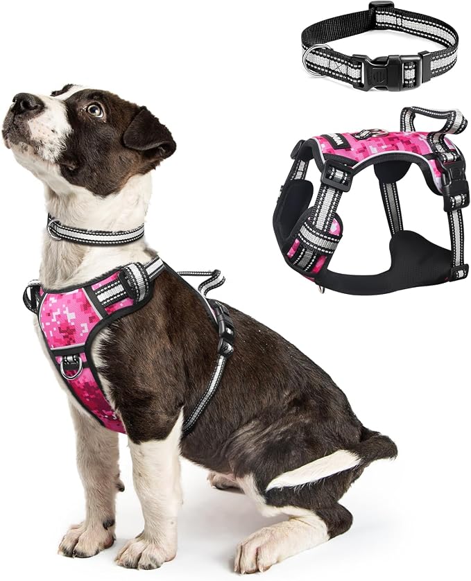 Dog Harness No Pull, Pet Harnesses with Dog Collar, Adjustable Reflective Oxford Outdoor Vest, Front/Back Leash Clips for Small, Medium, Large, Extra Large Dogs, Easy Control Handle for Walking by WINSEE