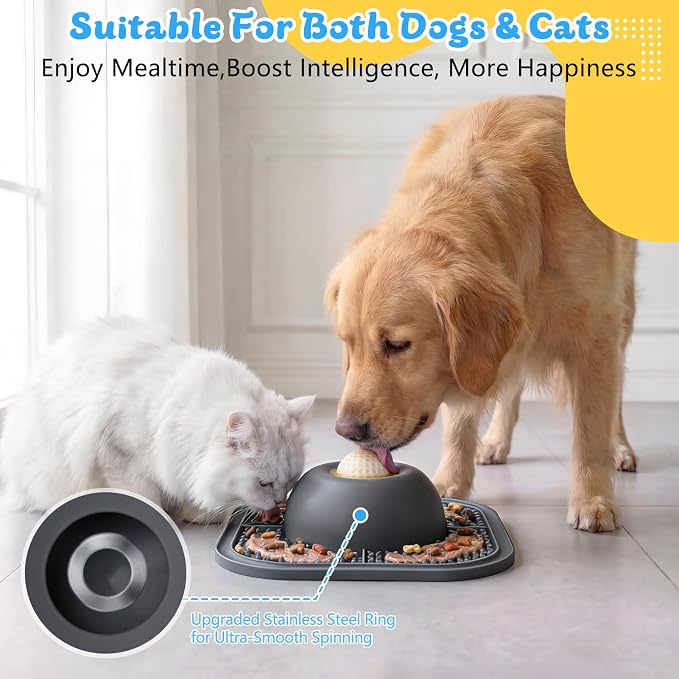 Slow Feeder Dog Bowls & Lick Mat for Liquid and Thick Treat, Anti-Slip Dog Lick Bowl with Interactive Rolling Ball, 5/6 Cup Pup Licking Toy for Large Medium Small Dogs and Cats-Large Gray - Image 4