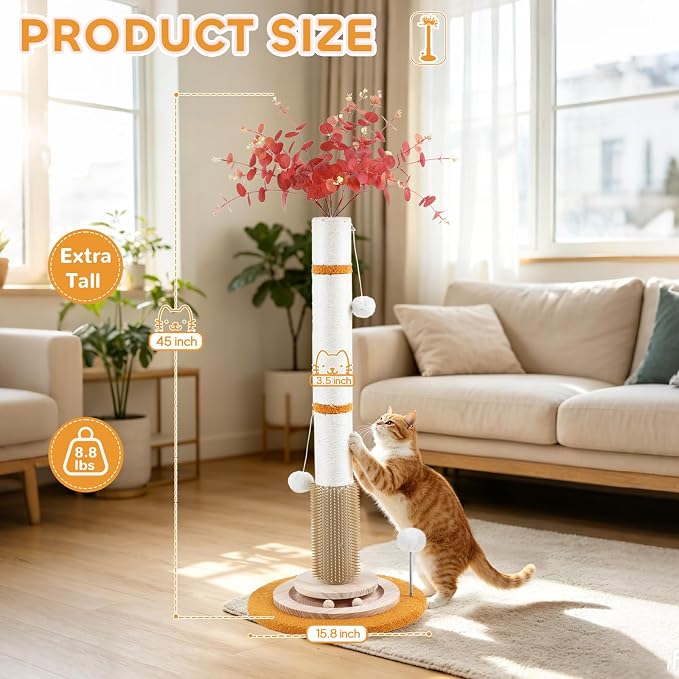 Cat Scratching Post,45'' Tall Scratcher Tree Toys for Indoor Large Cats | 3.5Inch Diameter Sisal Rope,Artificial Flower Design,100% Natural Sisal,Self Groomer Brush,Wood Interactive Ball Toys - Image 2