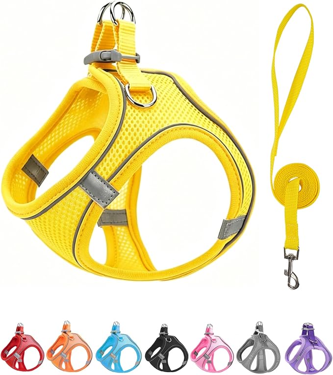 L Yellow Soft Mesh Dog Harness and Leash Set,No Escape Puppy Harnesses for Training Walking， Reflective Adjustable Puppy Vest for Small Medium Dogs, Cats (Yellow, L) by Unknown