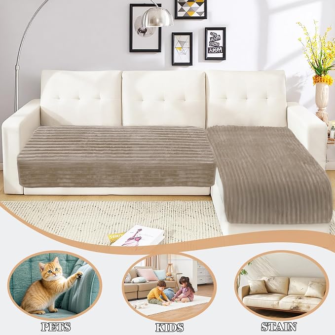 NAISI Couch Covers for Dogs Waterproof Flannel Striped Sofa Cover Pet Friendly Washable Dog Mat for Couch Anti Slip Sectional Sofa Slipcover Protector(2pcs/35"x63"+35"x70",Khaki) - Image 2