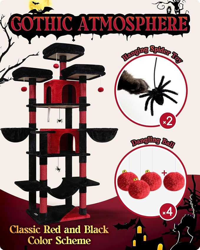 Globlazer Big XXL Gothic Cat Tower for Indoor Multiple Cats, F80 | 80 inch Cat Tower for Adult Cats Cat Tree with Scratching Post, Hammock, 3 Perches, 2 Condos, 2 Hanging Basket - Image 5