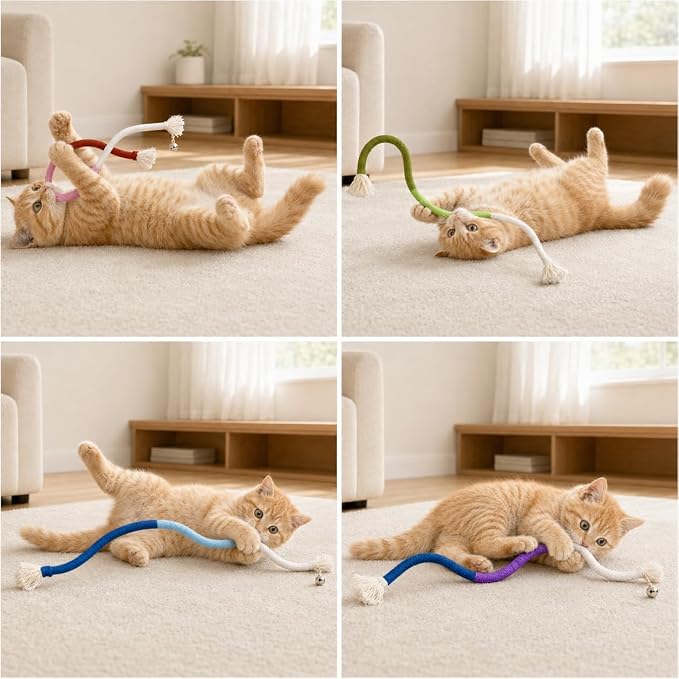 4-Pack Cat Toys for Indoor Cats, Woven Cotton Rope Toys with Bells | Colorful Cotton Rope Cat Chew Toys for Indoor Cats & Kittens, Ideal for Teething, Chewing, Interactive Play & Boredom Relief - Image 7