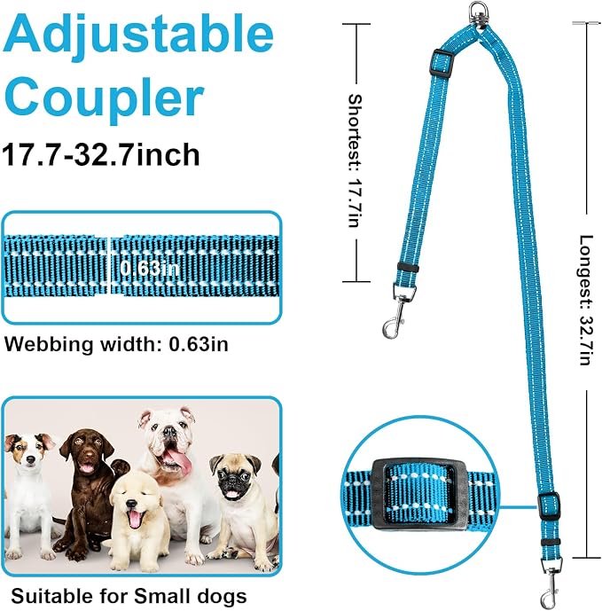MingXpet Double Dog Leash for Two Dogs, No Pull Dog Leash, 360° Swivel No Tangle for Small Dogs Walking & Training, Shock Absorbing Reflective Bungee, Blue - Image 2