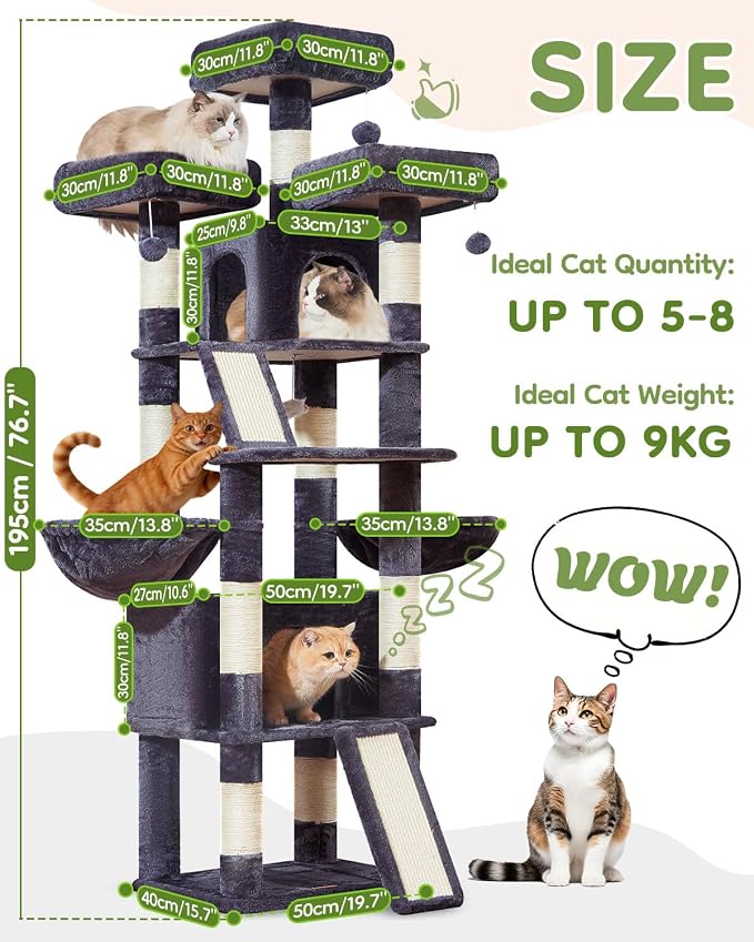 Taoqimiao Cat Tree for Large Cats, 76.8 Inches XL Cat Tower for Indoor Cats | 2 Scratch Boards, 3 Top Perches, 9 Scratching Posts, Multi-Level Cat Tree with 2 Condos, 2 Cozy Basket, Smoky Gray, T20G - Image 2