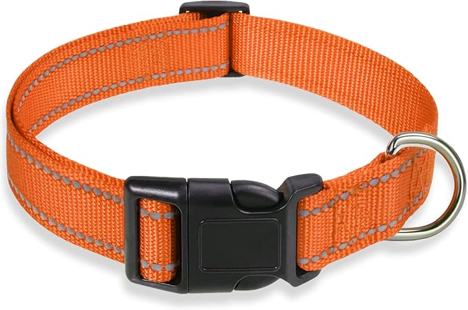 Reflective Dog Collar, Puppy Collar with Buckle Adjustable, Orange XL | Breathable Nylon Collars for Small Medium Large Dogs, No Chafing on Walks and Outdoor Hikes, Metal D-Ring, Night Safety by BOOMIBOO