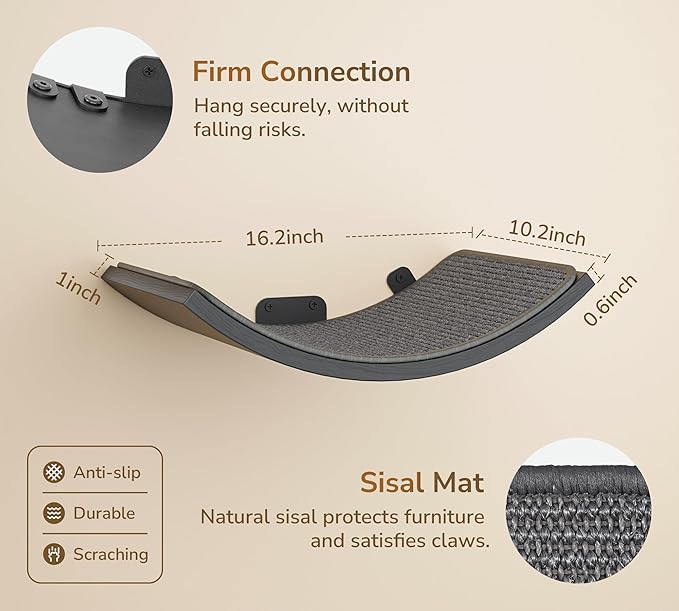 Wall Mounted Curved Cat Hammock with Grey Sisal Pad – Scratch-Friendly Cat Nest Perch for Wall – Large Floating Bed for Indoor Cats - Image 5