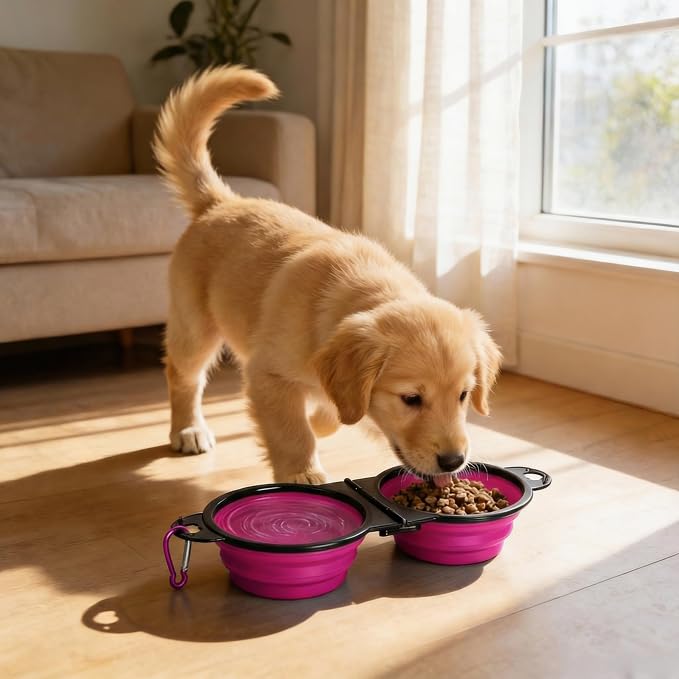 Double Collapsible Dog Bowls for Travel, Food and Water Set with Clip, Pink | 13.5 oz each, folds flat, carabiner clip, walking, hiking, camping, for small and medium pets - Image 6