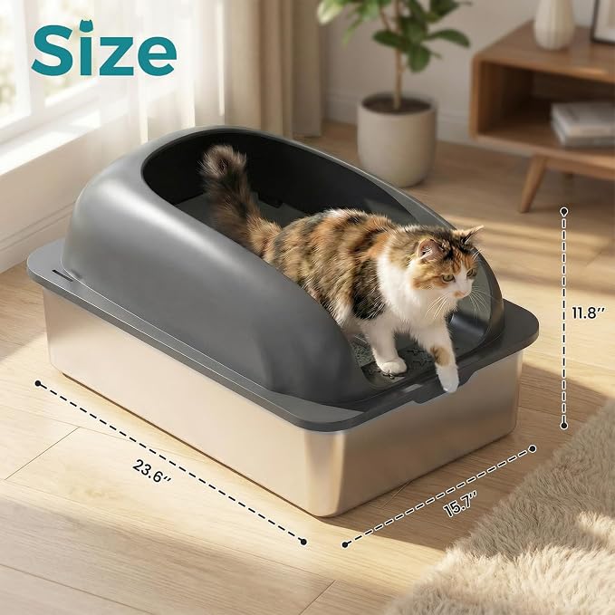OLIXIS Stainless Steel Large Cat Litter Box with Lid, High Wall Sides | Large Cat Litter Box for Big Cats, Anti-Urine Leakage, Easy Cleaning, Scoop and Mat Included, Dark Gray - Image 5
