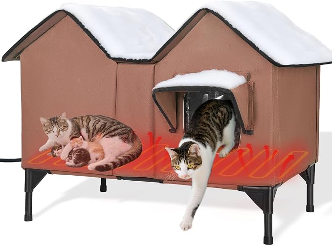 Heated Cat House for Outside Winter, Extra Large Heated Outdoor Cat House Weatherproof, Elevated Bed, Escape Door, Insulated Outdoor Cat Shelter with Heater for Multiple Cats Feral Stray Kitty by GUZROK