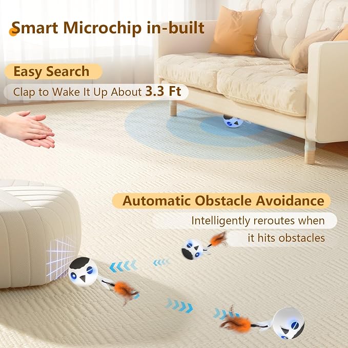 Cat Toys Ball, Smart Motion Sensor Moving Ball with 4 Sounds& 3 Speed Modes | Interactive Automatic Cat Toy for Indoor Cats,Fast Rolling Motion Activated Chirping Stimulating Light, 2 Feather Refill - Image 3