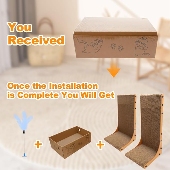 Goosheep Cat Scratching Post, 3-in1 Cat Scratcher for Indoor Cats, 2PK 22in L-Shaped Scratching Board with 1PK Cardboard Box Scratch Pad, Cats Scratch Furniture Protector with Feathered Toy - Image 2