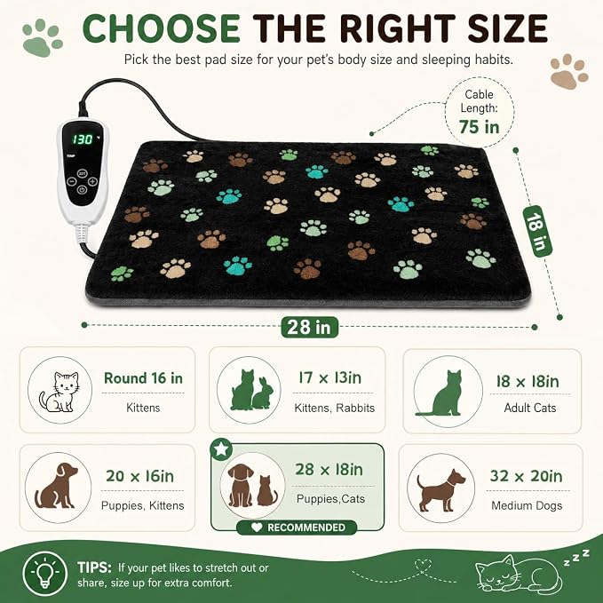 Puppy Heating Pad 28x18 in with Smart Thermostat Switch and Power Line Protection Tube,Obtained MET and UL Dual Certification,Waterproof Pet Heating Pad for Dogs with Plush Fabric Cover-Black - Image 2