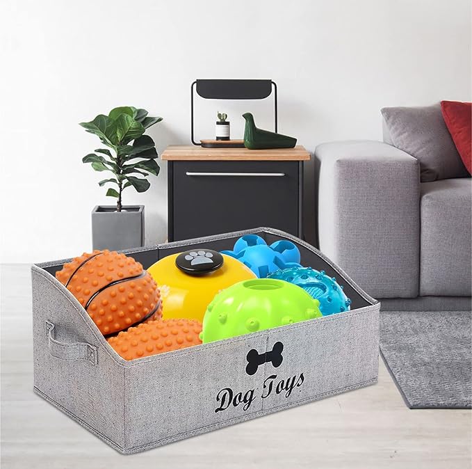 Morezi Linen-cotton blend dog toy basket and dog toy box, dog toy basket storage - Perfect for organizing pet toys, blankets, leashes, chew toys - Grey Stripe - Dog - Image 5
