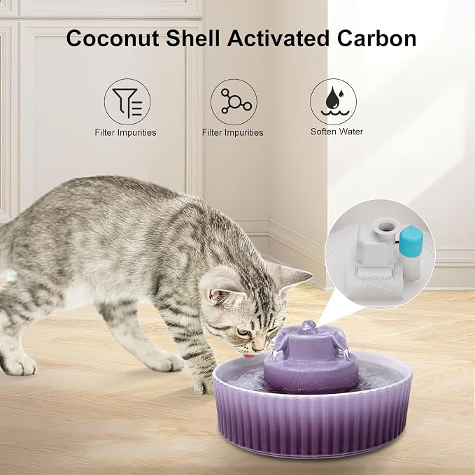 Ceramic Cat Fountain, 2.1L Pet Drinking Fountain for Cat and Dog, Cat Fountain Porcelain, Cat Water Dispenser with Activated Carbon Filter and Sponge Foam Pre-Filter (Purple) - Image 2