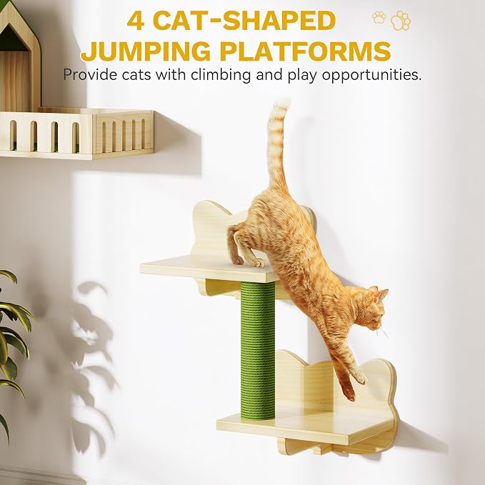 YITAHOME Cat Wall Shelves | Solid Wood Wall Mounted Cat Furniture with Green Wall House and Fence, Steps, Scratching Posts - Image 5