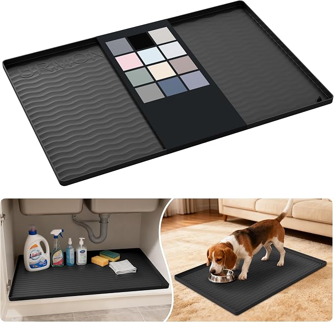 URMONA Waterproof Silicone Under Sink Mat 28'' x 19'' Shelf Liner for Kitchen and Bathroom, Cabinet and Counter Protector, Storage and Organizers, Litter Mat, Pet Cat Puppy Essentials(Black) by URMONA